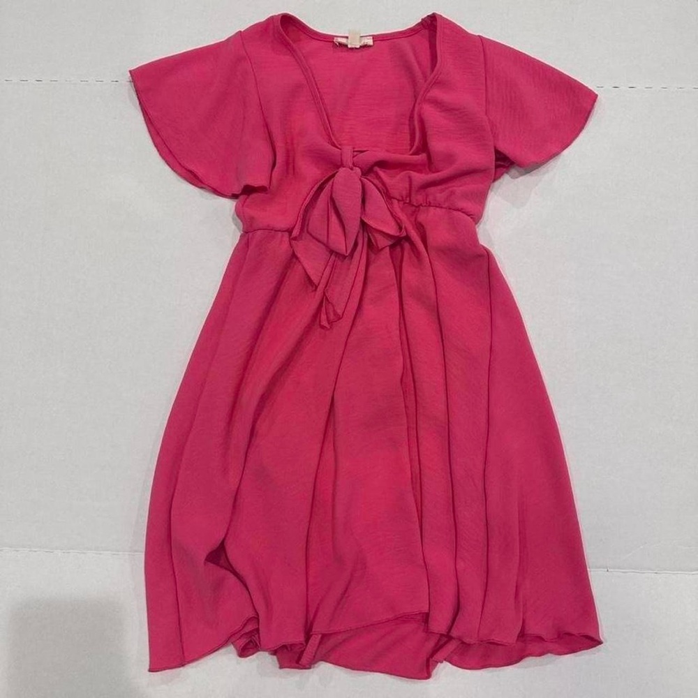 See You Monday Pink Fit & Flare Dress Bow Flutter Sleeve XS